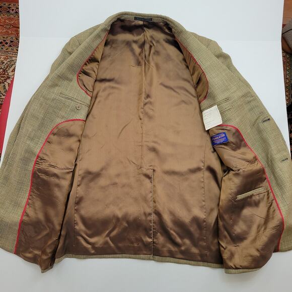 Pendleton Wool Silk Linen Blend Balzer 44R Plaid Brown Blue Tan 2 Button Vintage - Picture 5 of 7